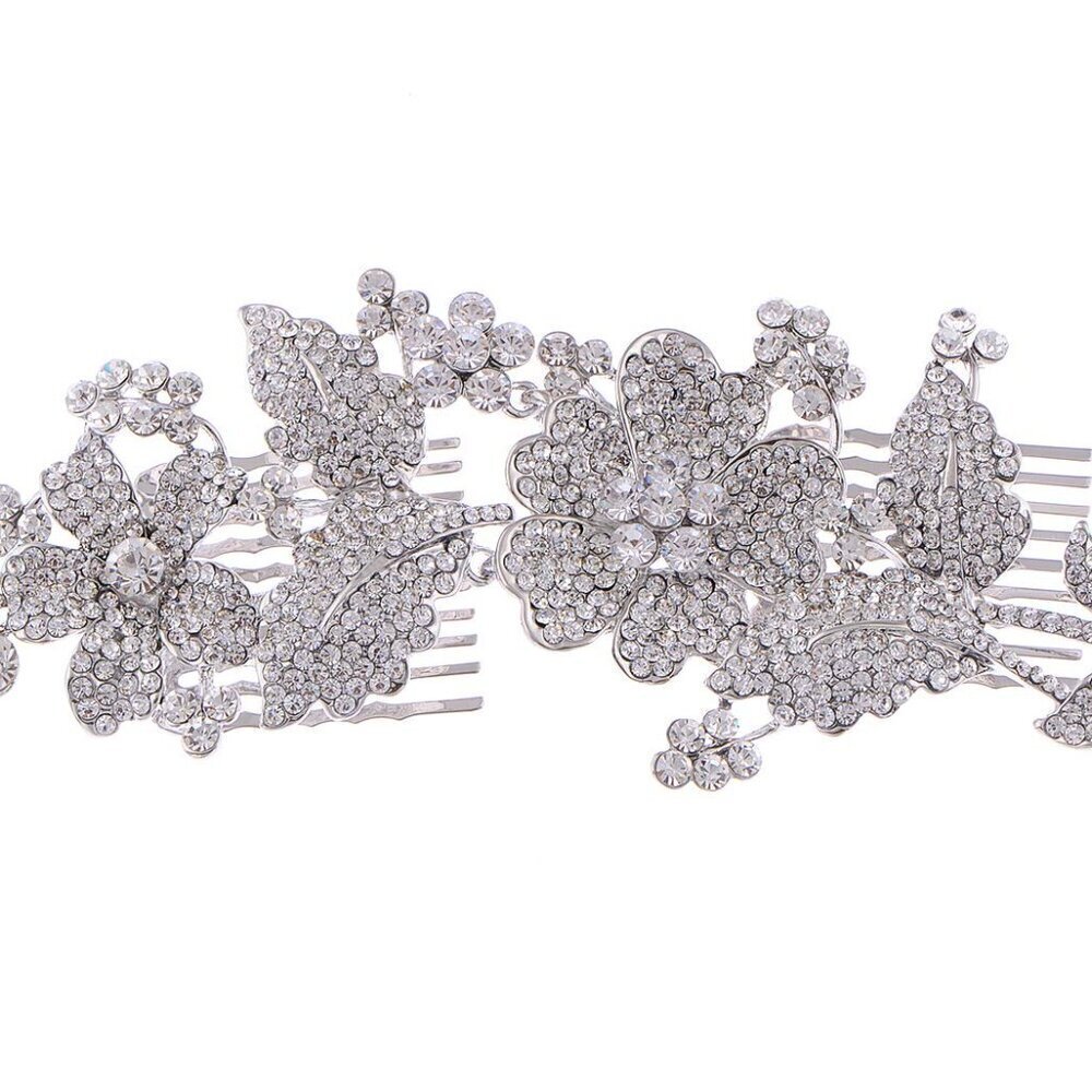 Silvery Tone Crystal Rhinestone Flower Leaf Bridal Long Hair Comb